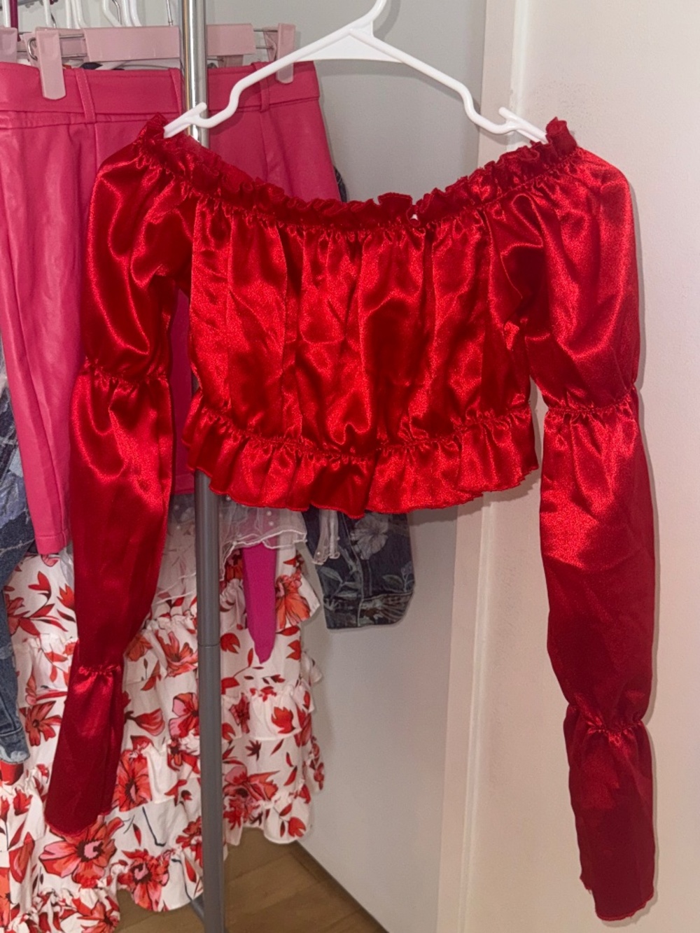 Satin Ruffle Crop Top (could be worn as off the shoulder)